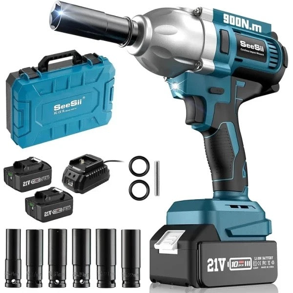 Cordless Impact Wrench: 900N.m, 1/2", 3300RPM. Brushless electric driver for home, car, truck, and mower use.