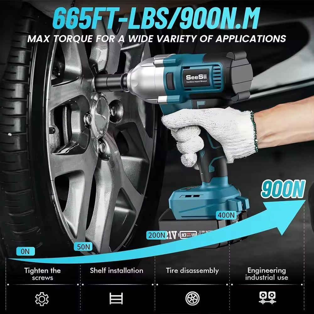 Cordless Impact Wrench: 900N.m, 1/2", 3300RPM. Brushless electric driver for home, car, truck, and mower use.