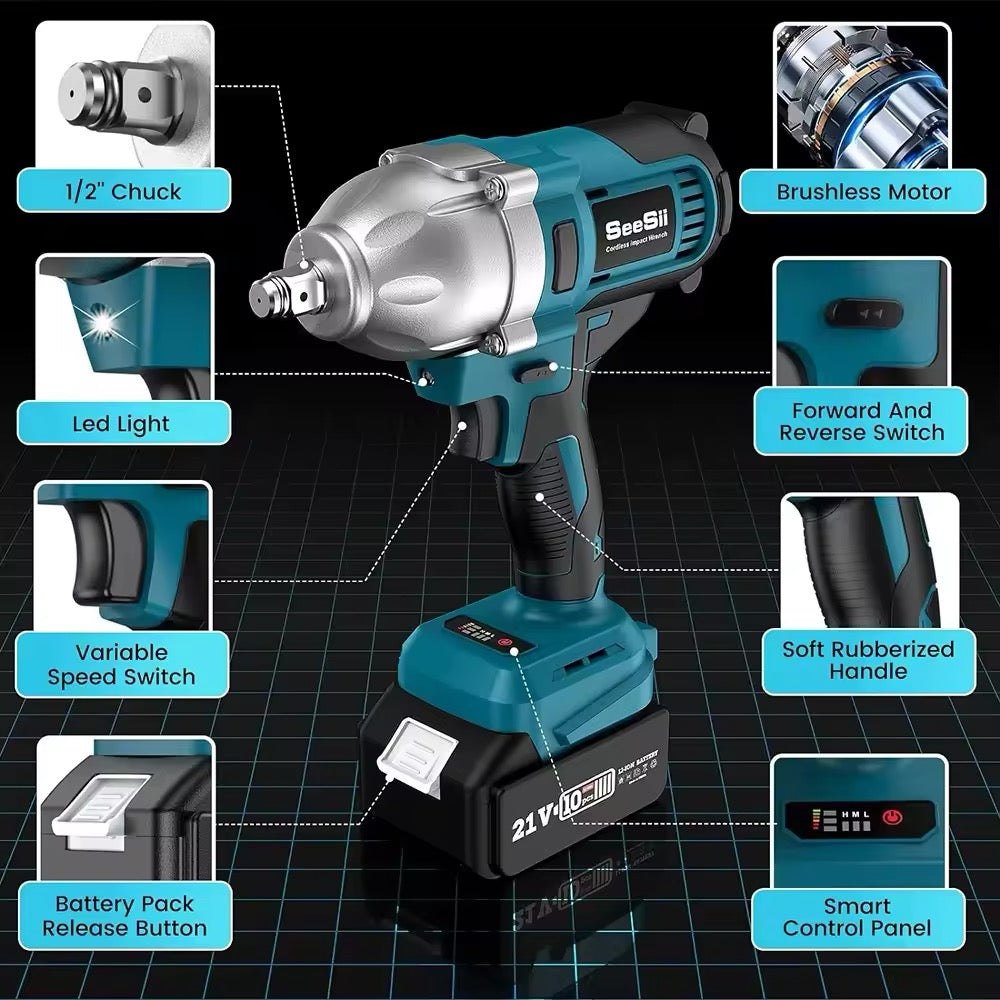 Cordless Impact Wrench: 900N.m, 1/2", 3300RPM. Brushless electric driver for home, car, truck, and mower use.