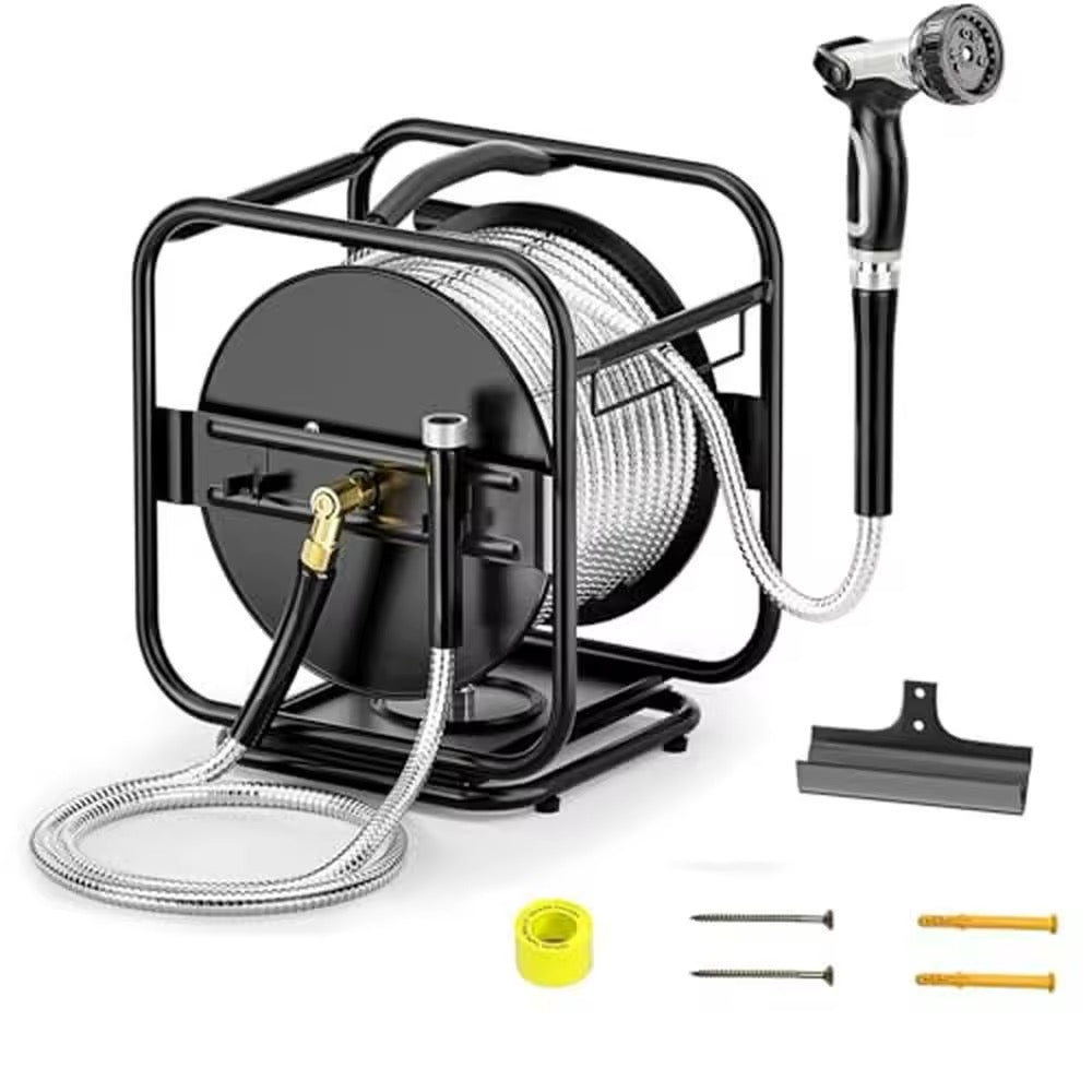 Heavy-Duty 100FT Stainless Steel Garden Hose Reel – 360° Rotating & Wall-Mountable