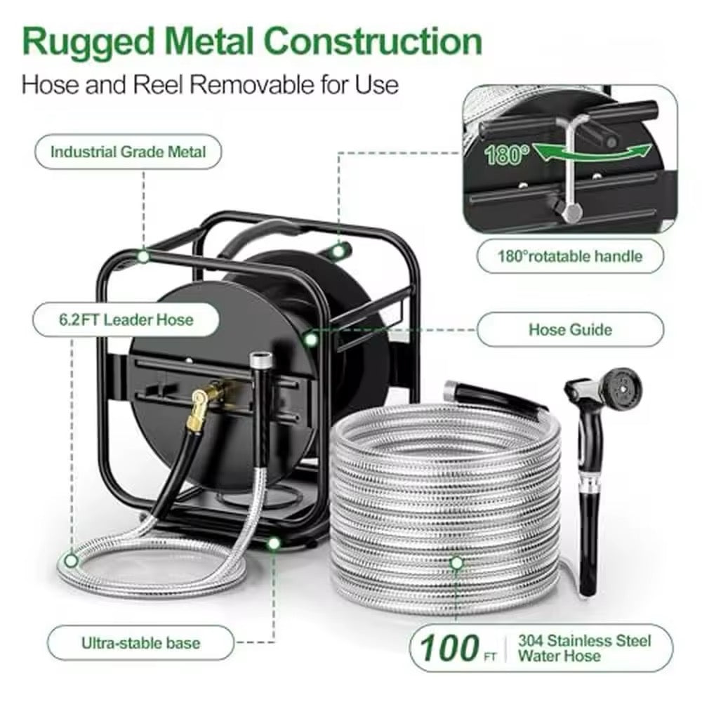 Heavy-Duty 100FT Stainless Steel Garden Hose Reel – 360° Rotating & Wall-Mountable