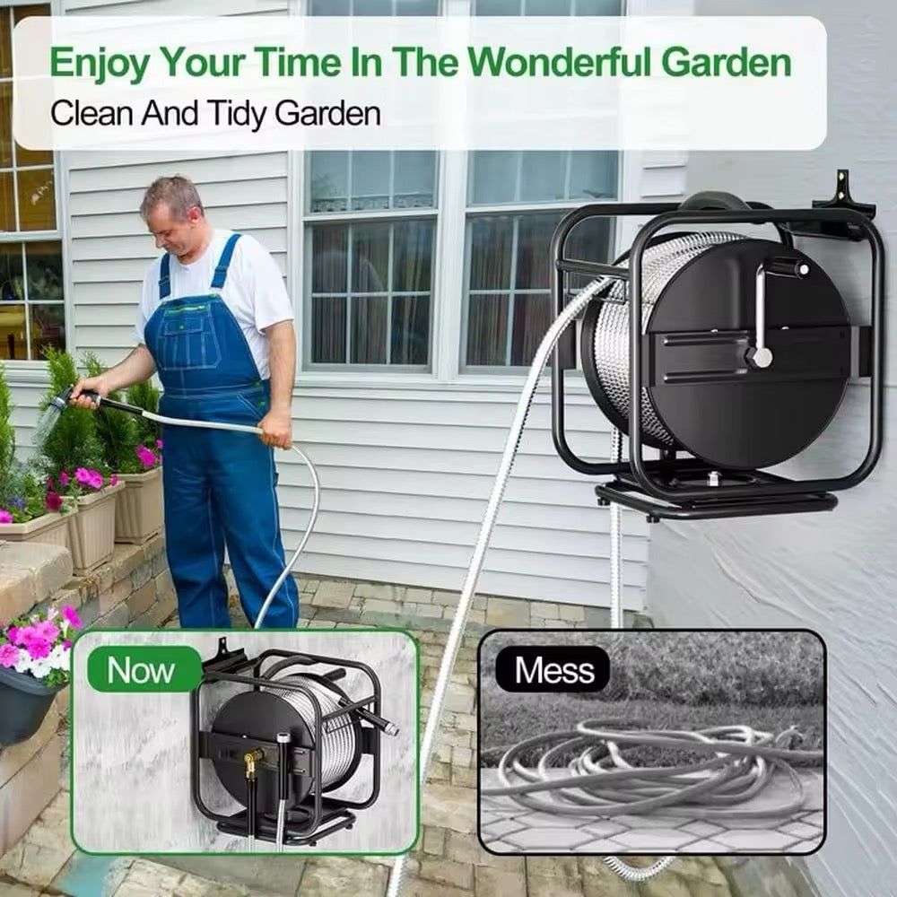 Heavy-Duty 100FT Stainless Steel Garden Hose Reel – 360° Rotating & Wall-Mountable
