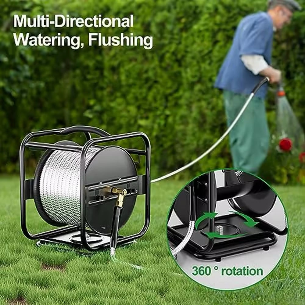 Heavy-Duty 100FT Stainless Steel Garden Hose Reel – 360° Rotating & Wall-Mountable