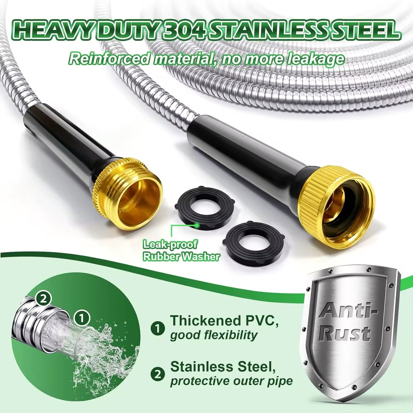 100ft Stainless Steel Garden Hose - Flexible, Kink-Free Metal Water Hose for Outdoor Use, RV