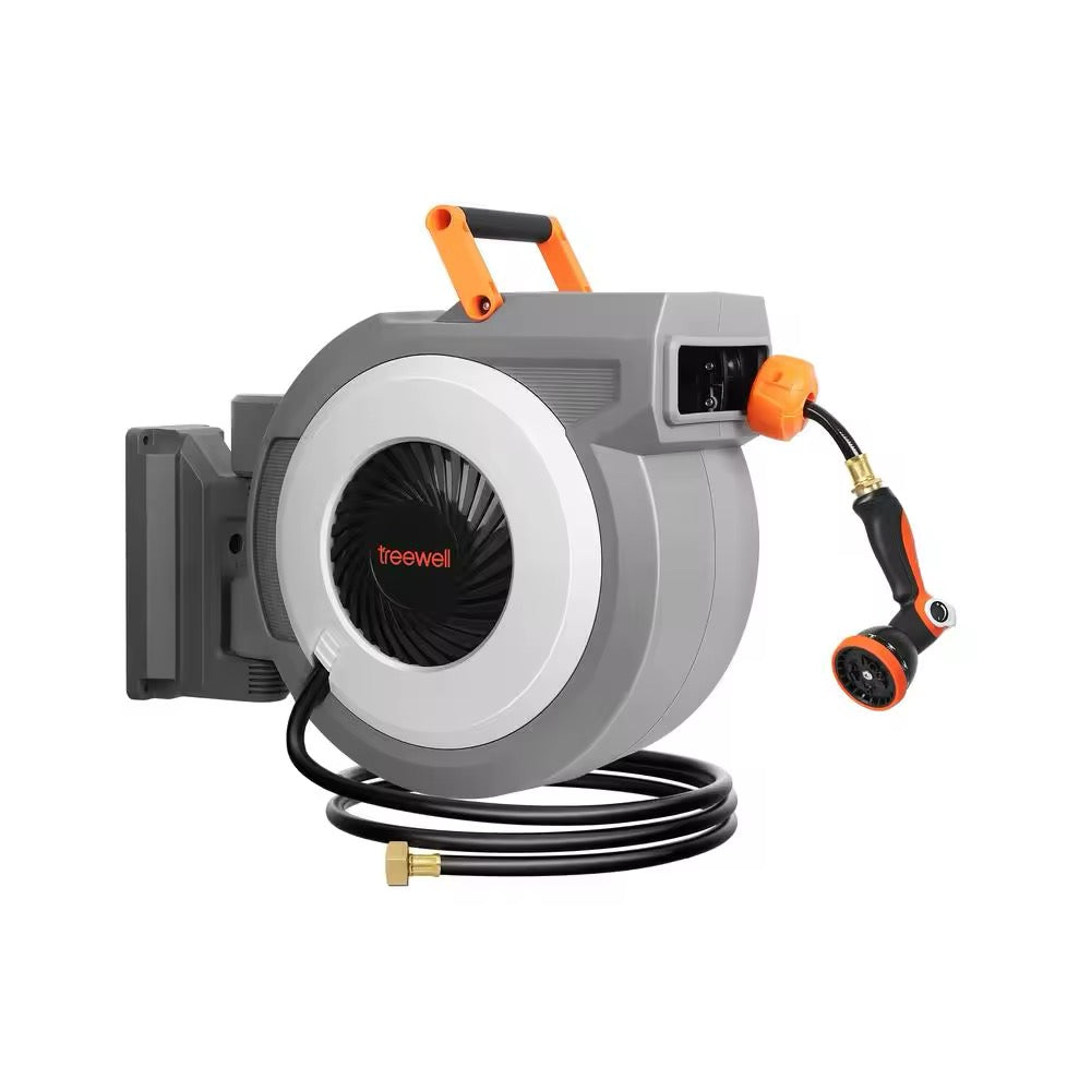 100FT Retractable Garden Hose Reel with 10-Pattern Nozzle, 180° Swivel, and Heavy-Duty PVC Hose