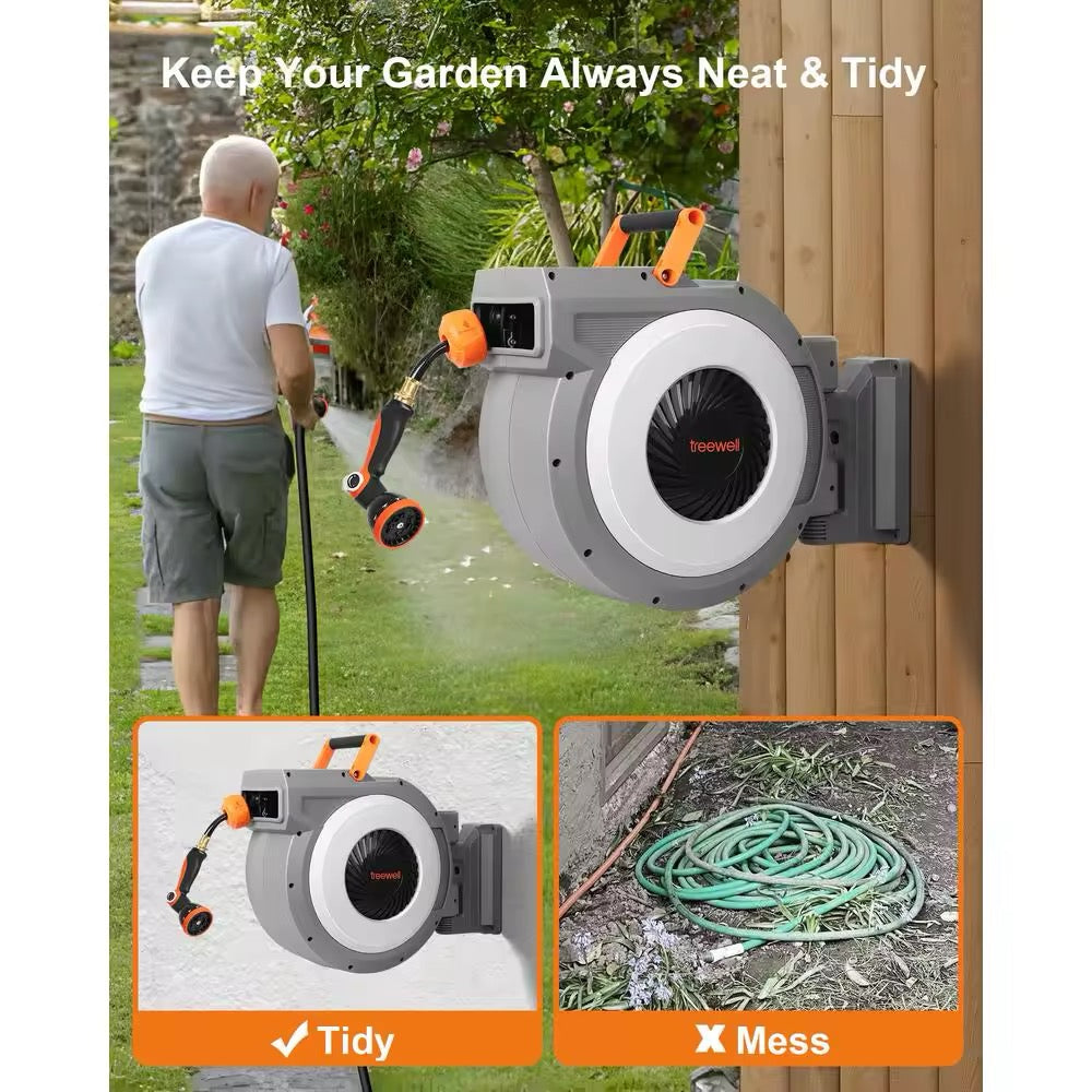 100FT Retractable Garden Hose Reel with 10-Pattern Nozzle, 180° Swivel, and Heavy-Duty PVC Hose