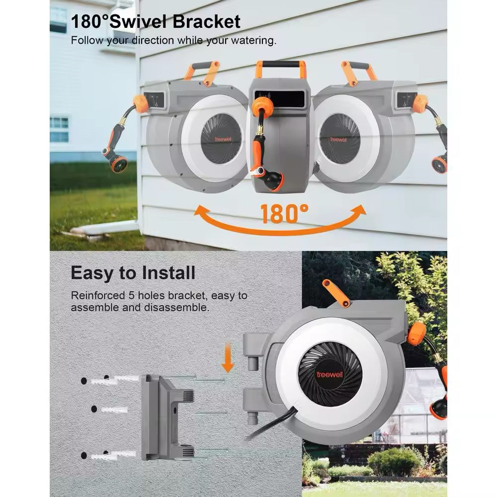 100FT Retractable Garden Hose Reel with 10-Pattern Nozzle, 180° Swivel, and Heavy-Duty PVC Hose
